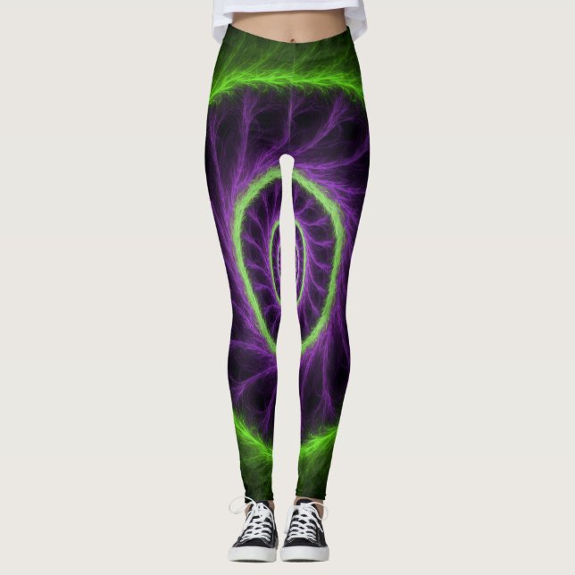 Neon Energy Spiral – Green & Purple Fractal Vortex Leggings (Front)