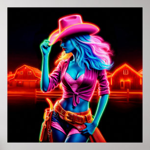 Neon fantasy cowgirl in glowing ranch setting poster