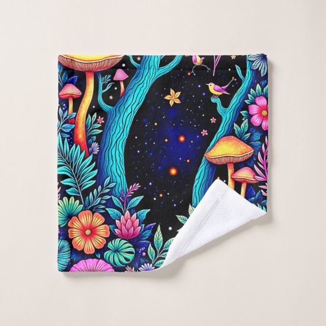 Neon Fantasy Forest Night Glow Design Bath Towel Set (Wash Cloth)