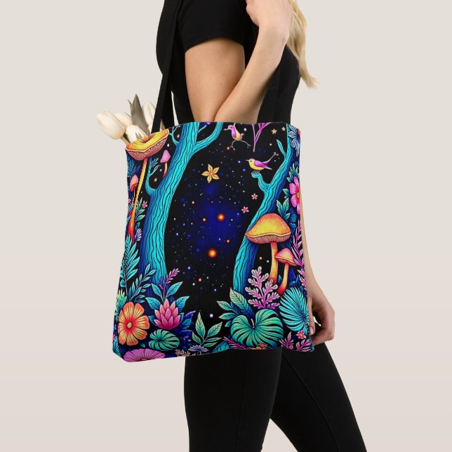 Neon Fantasy Forest Night Glow Design Tote Bag (Close Up)