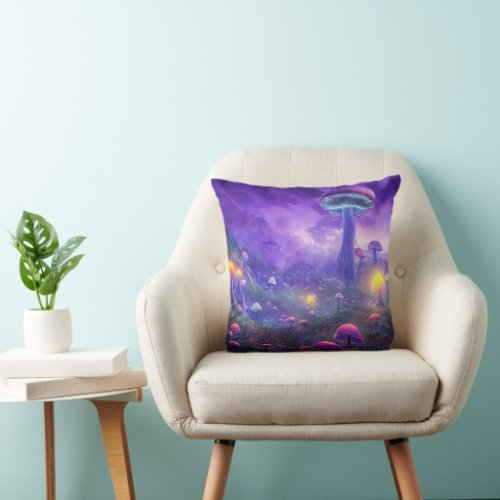 Neon Fantasy Mushrooms Throw Pillow