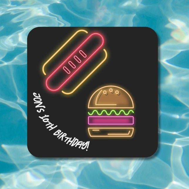 Neon Fast Food Monogram Name Vibrant  Square Paper Coaster (Creator Uploaded)