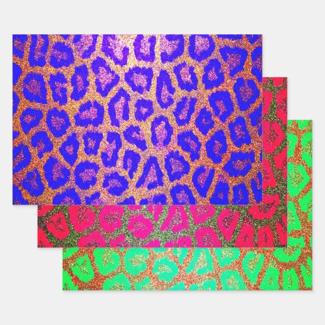 Neon Faux Glitter Leopard Print Wrapping Paper Sheets (Set)