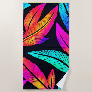 Neon Feather Pattern Vibrant Art Beach Towel