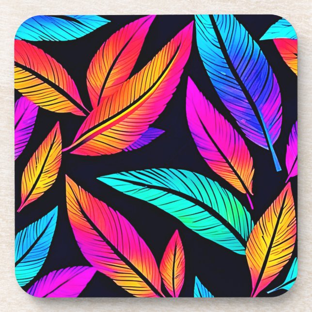 Neon Feather Pattern Vibrant Art Beverage Coaster (Front)