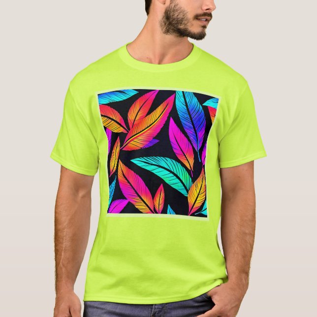 Neon Feather Pattern Vibrant Art T-Shirt (Front)