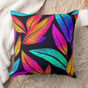 Neon Feather Pattern Vibrant Art Throw Pillow