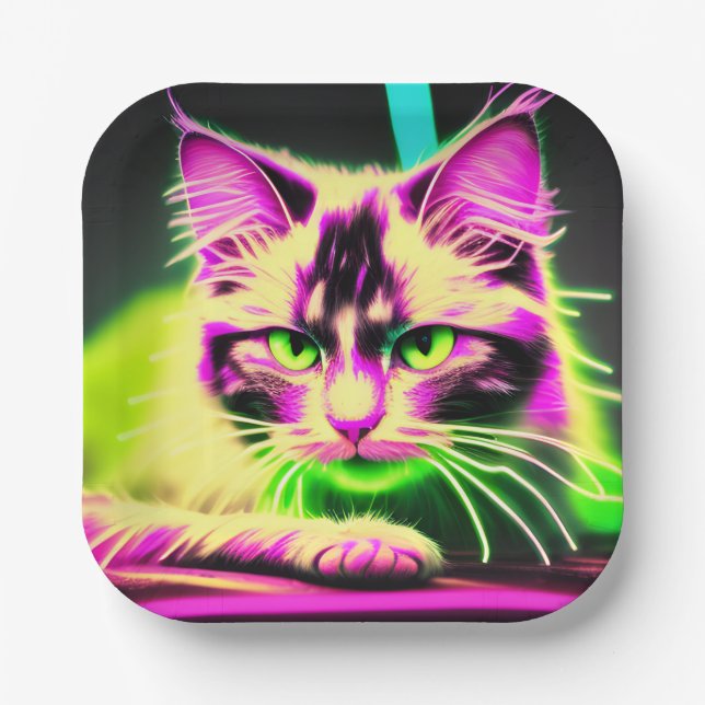 Neon Feline Fiesta: A Teen's Birthday Bash Paper Plates (Front)