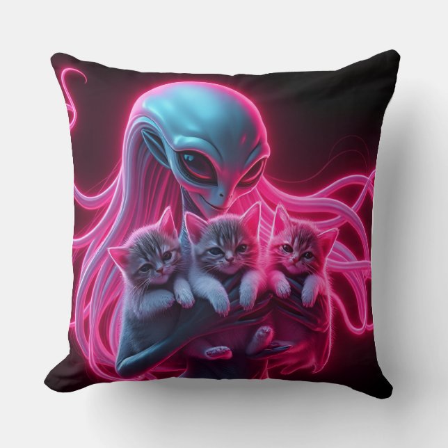 Neon Female Alien Cradling Kittens Throw Pillow (Front)
