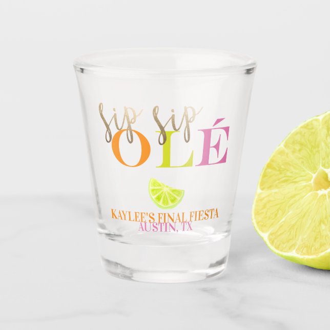 Neon Final Fiesta Sip Sip Ole Bachelorette Favor Shot Glass (Front)