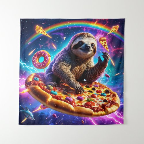 Neon Fire_Breathing Sloth in Cosmic Pizza Galaxy Tapestry