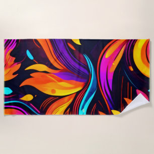 Neon Fire Design with Fiery Icons Beach Towel