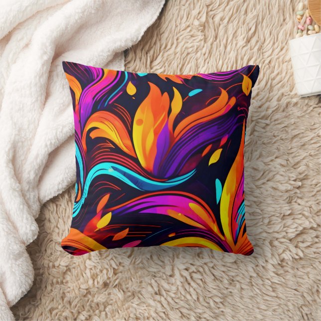 Neon Fire Design with Fiery Icons Throw Pillow (Blanket)