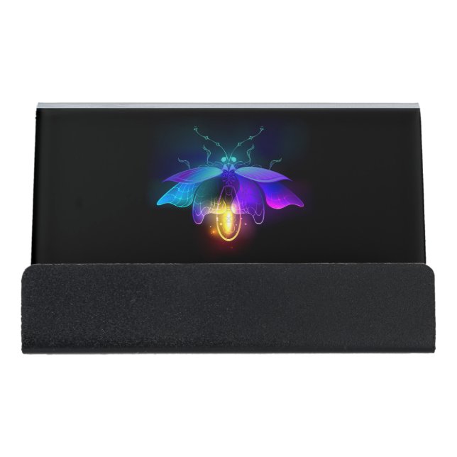 Neon Firefly on black Desk Business Card Holder (Front)