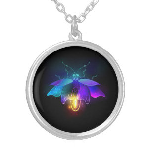 Neon Firefly on black Silver Plated Necklace
