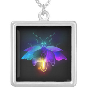 Neon Firefly on black Silver Plated Necklace