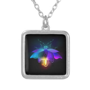 Neon Firefly on black Silver Plated Necklace