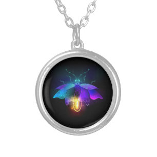 Neon Firefly on black Silver Plated Necklace