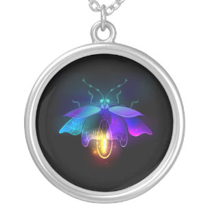 Neon Firefly on black Silver Plated Necklace