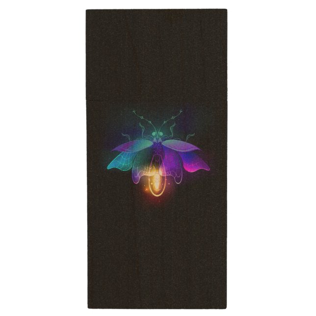 Neon Firefly on black Wood Flash Drive (Front Vertical)
