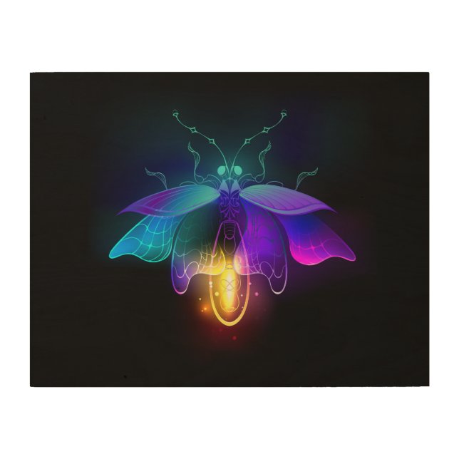 Neon Firefly on black Wood Wall Art (Front)