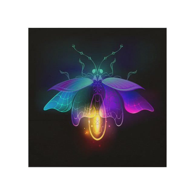 Neon Firefly on black Wood Wall Art (Front)
