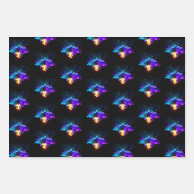 Neon Firefly on black Wrapping Paper Sheets (Front)