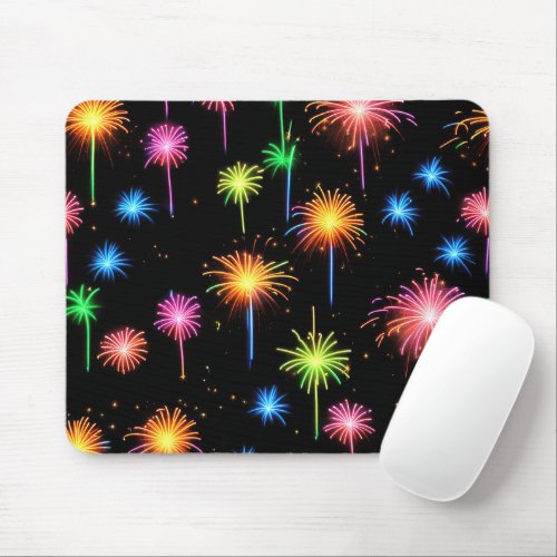 Neon Fireworks On Black Mouse Pad