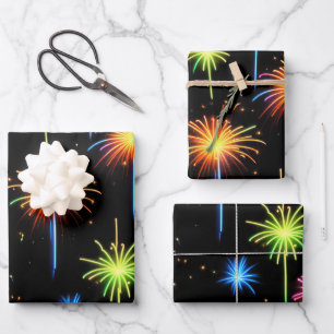 Neon Fireworks On Black Wrapping Paper Sheets