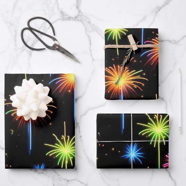 Neon Fireworks On Black Wrapping Paper Sheets (Front)