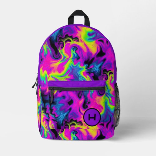 Neon Flame Tie Dye Purple Monogram  Printed Backpack