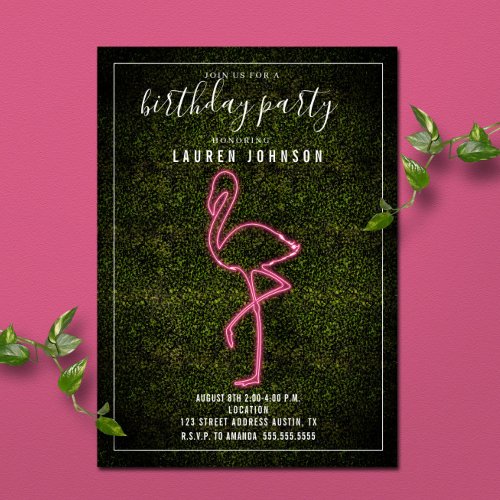 Neon Flamingo Boxwood Birthday Party Invitation