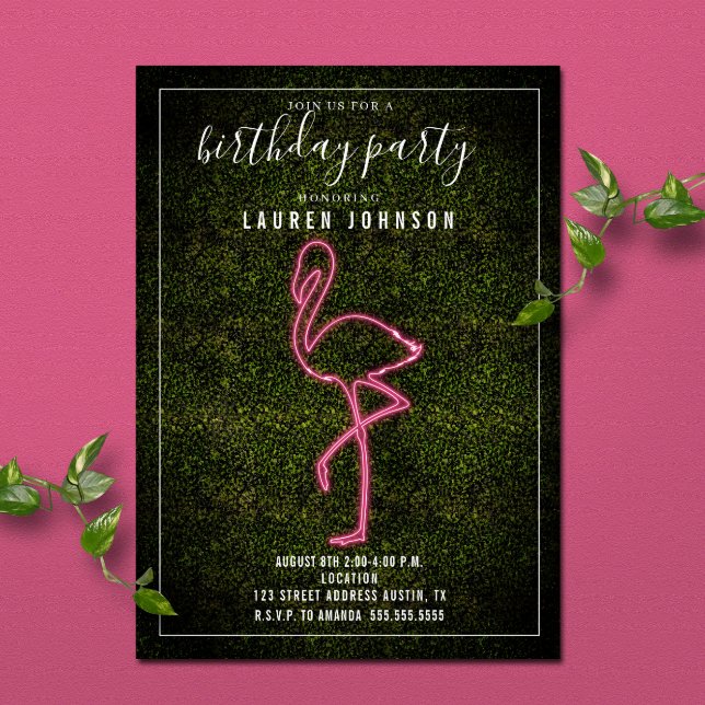 Neon Flamingo Boxwood Birthday Party Invitation