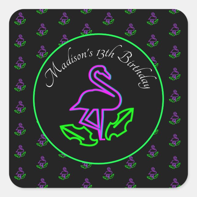Neon Flamingo Glow Party Tropical Pink Favor Square Sticker (Front)