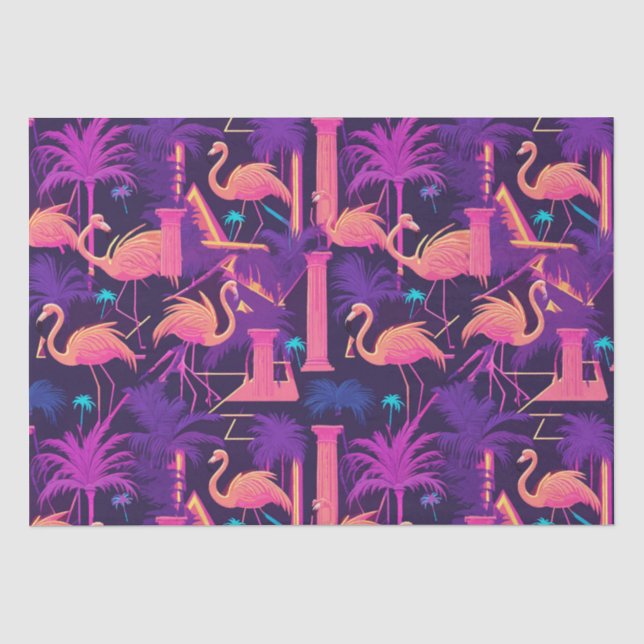 Neon Flamingo Palm Trees Vaporwave Aesthetic  Tissue Paper (Front)