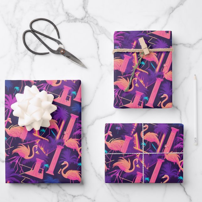 Neon Flamingo Palm Trees Vaporwave Aesthetic  Wrapping Paper Sheets (Front)