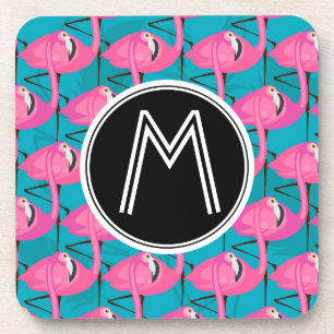 Neon Flamingos Add Your Initial Beverage Coaster