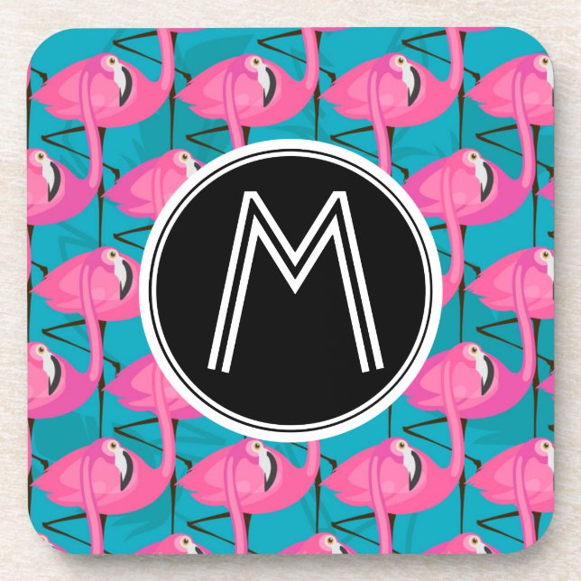 Neon Flamingos | Add Your Initial Beverage Coaster (Front)