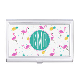 Neon Flamingos Monogram Business Card Case