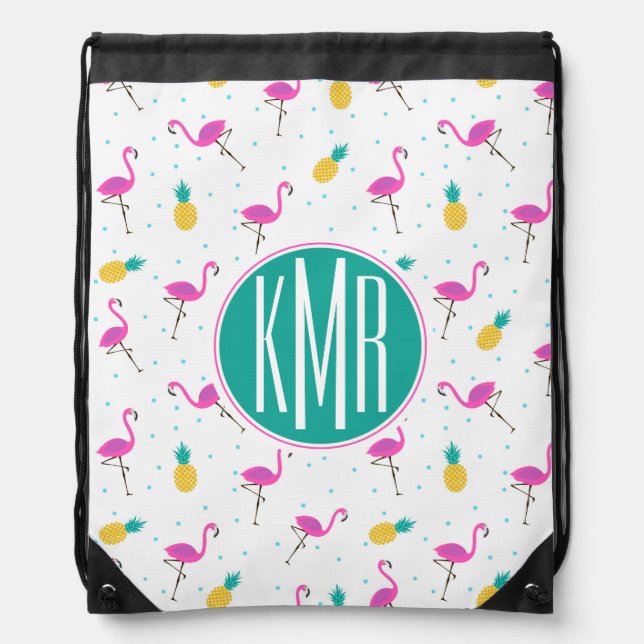 Neon Flamingos | Monogram Drawstring Bag (Front)