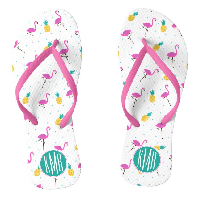 Neon Flamingos | Monogram Flip Flops (Footbed)