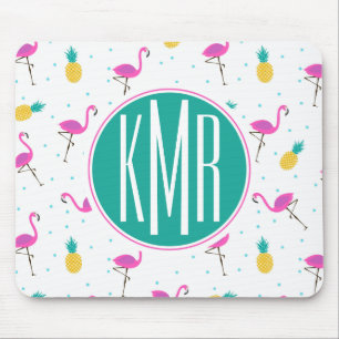 Neon Flamingos Monogram Mouse Pad