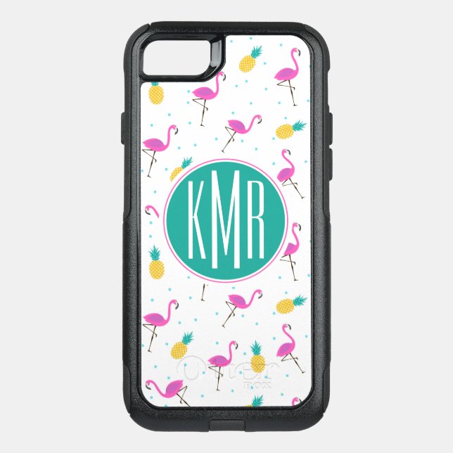 Neon Flamingos | Monogram Otterbox iPhone Case (Back)