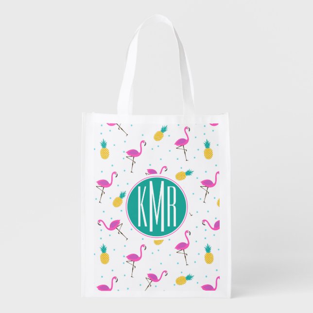 Neon Flamingos | Monogram Reusable Grocery Bag (Front)