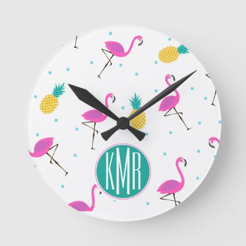 Neon Flamingos  Monogram Round Clock
