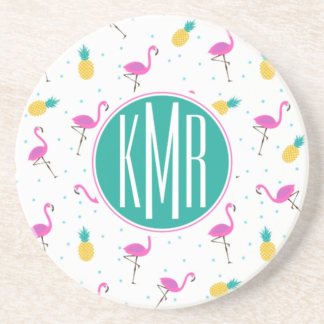 Neon Flamingos | Monogram Sandstone Coaster (Front)