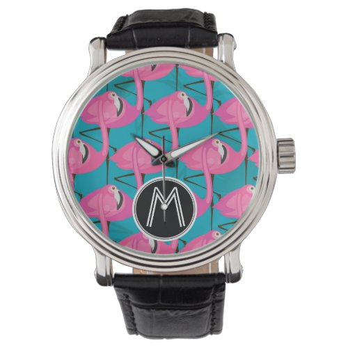 Neon Flamingos Two  Add Your Initial Watch