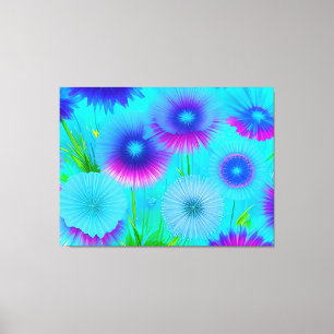 Neon Floral Blue Purple Flowers Wrapped Canvas Print