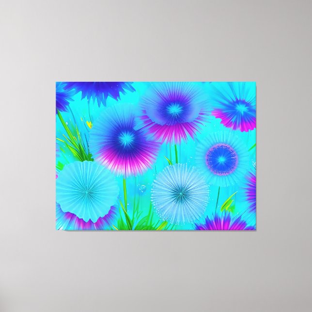 Neon Floral Blue Purple Flowers Wrapped Canvas Print (Front)