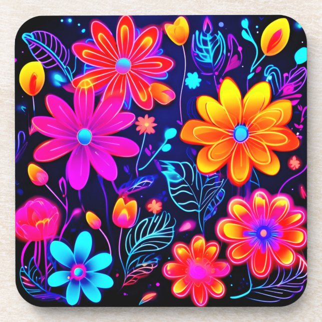 Neon Floral Fantasy Beverage Coaster (Front)